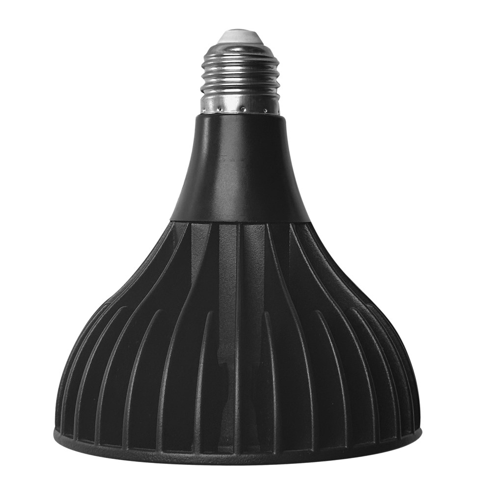 黑色 PAR38 LED 植物灯泡，带散热纹路灯体与 E27 螺口，白色背景
