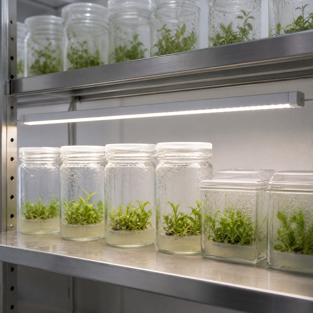 Rows of sealed glass culture vessels holding small green plantlets on agar under a linear LED bar on a stainless laboratory rack