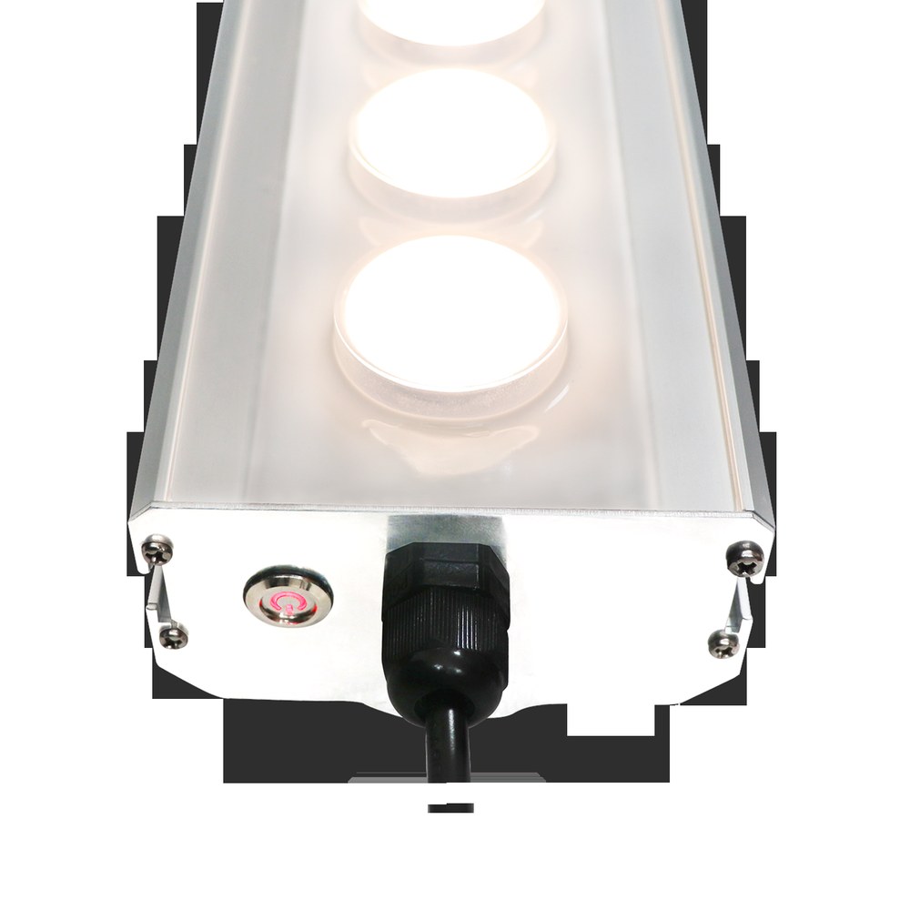 Close view of a sealed LED grow-light tube showing the end cap, cable gland and switch
