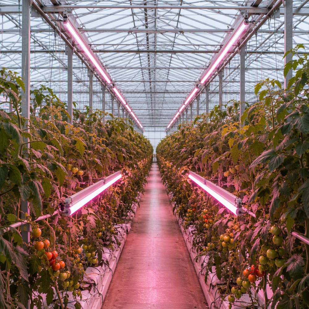 番茄高架栽培温室示意图：粉紫色 LED 灯条挂在作物上方，另有两条灯条固定在植株行间冠层高度的支架上