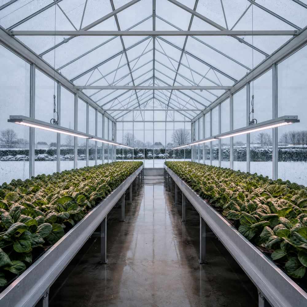 Illustration of a modern Venlo glasshouse interior in winter, with snow on the ground outside, two rows of leafy green crops on raised troughs, and continuous linear LED grow light bars suspended above each row.